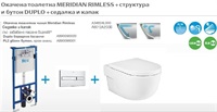 ПРОМО КОМПЛЕКТ ОКАЧЕНА ТОАЛЕТНА MERIDIAN RIMLESS + СТРУКТУРА И БУТОН DUPLO + СЕДАЛКА И КАПАК